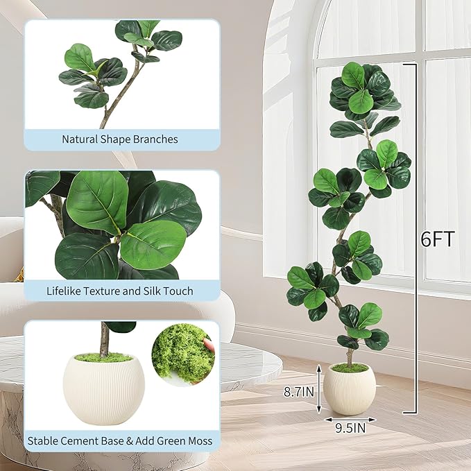 GarveeHome Fiddle Leaf Fig Artificial Tree with White Planter,6ft Faux Plants Indoor with Moss, Fake Rubber Tall Fake Floor Plant in Pot - Artificial Trees for Home Office Living Room Decor-HomvellaHome