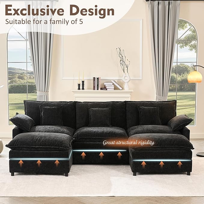 108" U Shaped Couch, Modular Sectional Sofa, 3-Seater Comfy Cloud Couch with Movable Ottoman, Deep Seat Couches for Living Room, Chenille, Black-HomvellaHome