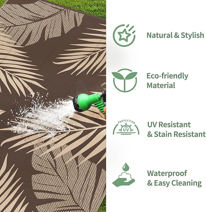 GENIMO Outdoor Rug 8' x 10' Waterproof for Patios Clearance, Reversible Outdoor Plastic Straw Camping Rug Carpet, Large Area Rugs Mats for RV, Camper, Deck, Balcony, Porch, Beach, Picnic, Coffee&Beige-HomvellaHome