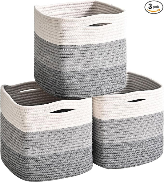11 Inch Cube Storage Bins, Storage Cube Organizer Bins, Woven Cotton Rope Basket for Storage, Storage Baskets for Organizing Shelves, Grey Baskets for Toys, Gradient Grey (Pack of 3)-HomvellaHome