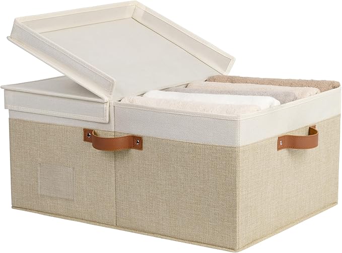 GRANNY SAYS Decorative Storage Boxes with Lid, Large Storage Bins with Double-Open Lid and Divider, Fabric Storage Bin for Clothes, 63L Closet Linen Storage Bin, White/Khaki-HomvellaHome