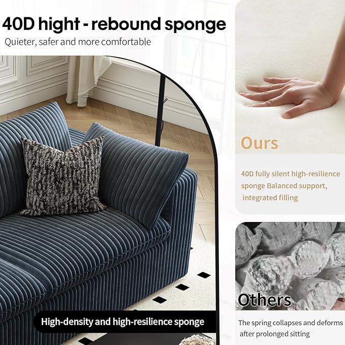 118" Cloud Couch Modular Sectional Sofa for Living Room,Modern Sofa with Deep Seat，U-Shape Boneless Couch with 2 Ottoman,Comfy Upholstered Corduroy Couches for Apartment, Studio, Office,Bedroom，Blue-HomvellaHome