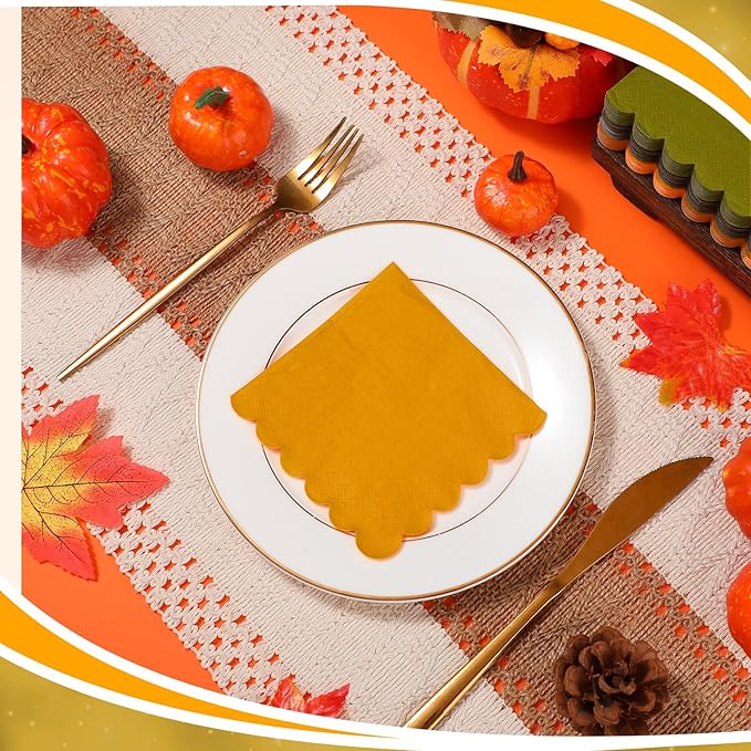 150 Pcs 5 x 5 Inches Fall Thanksgiving Paper Napkins Scalloped Cocktail Napkins Disposable Autumn Harvest Party Supplies Dessert Beverage Bathroom Table Dinner Wedding Decor-HomvellaHome
