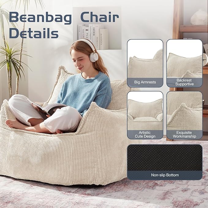 Giant Bean Bag Chair Sofa for Adults Teens, Comfy Corduroy Large Bean Bag Chairs with Armrests for Bedroom Living Room, Adult BeanBag Lazy Sofa Couch Chairs with Filler Included-HomvellaHome