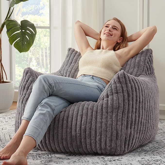 Giant Bean Bag Chairs for Adults with Filling Plush Fluffy Bean Bag Chairs for Teens with Armrests Comfy BeanBag Lazy Couch Sofa Chair for Bedroom Living Room Reading (Dark Gray2, M-for Teens/Adults)-HomvellaHome