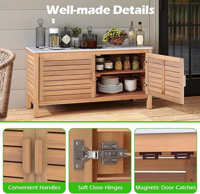 Goplus Patio Storage Cabinet, 2-Door Acacia Wood Storage Container with Faux Marble Top, Outdoor Wooden Sideboard for Deck, Garden, Lawn and Backyard-HomvellaHome