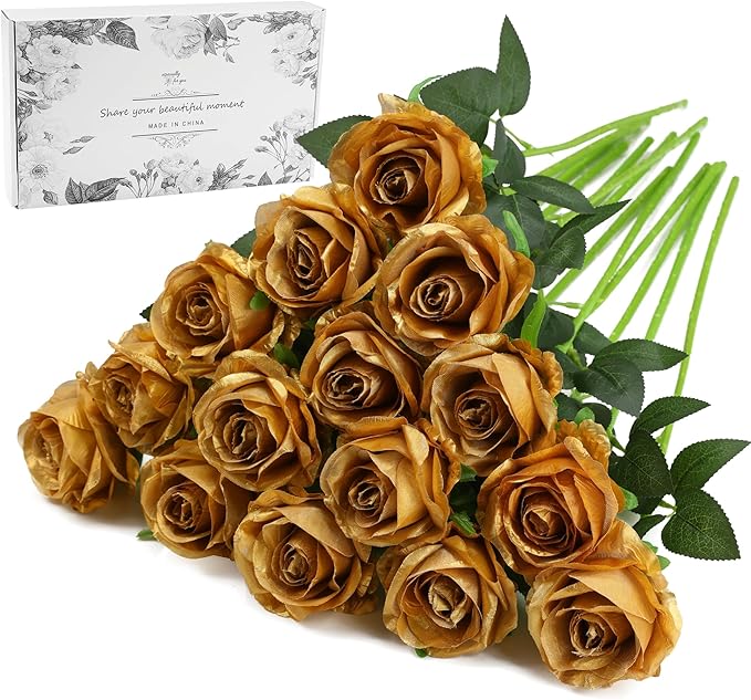 Gold Fake Roses Artificial Flowers - 16 Pcs Fake Artificial Roses Silk Flowers with Stems for Home Wedding Hotel Office Centerpiece Decor-HomvellaHome