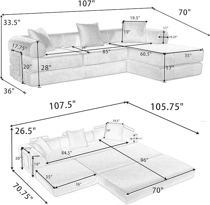 107" Oversized Convertible Sleeper Sofa Bed, Corduroy L Shape Sectional Couch, Folding Sofa Bed with Side Pocket, Modern Cloud Floor Mattress Couch, Modular Sofa for Living Room, Red-HomvellaHome