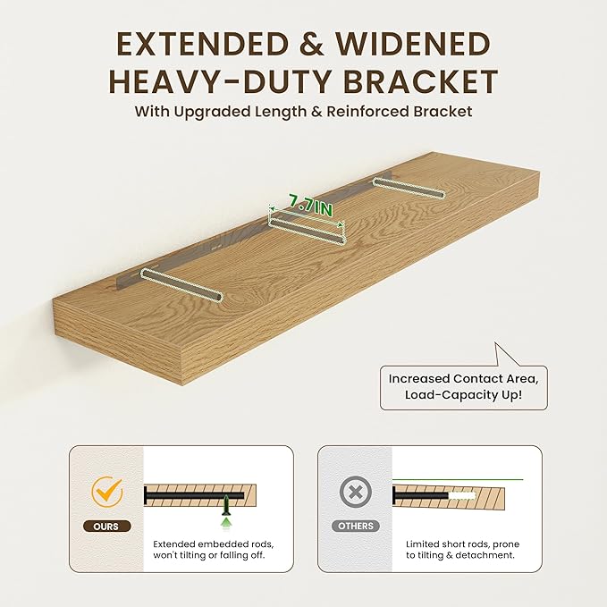12 Inch Deep Floating Shelves for Wall, 48W x 12D Rustic Oak Wood Floating Shelves, Large Floating Shelves Set of 1 for Living Room Bathroom Laundry Room Bedroom Kitchen Home Office - Oak-HomvellaHome