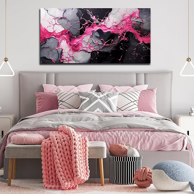 GUGIKA Abstract Wall Art for Living Room, Pink Canvas Wall Decor for Girls Bedroom Decor, Pigment Texture Print, Size 29x59 Inches-HomvellaHome