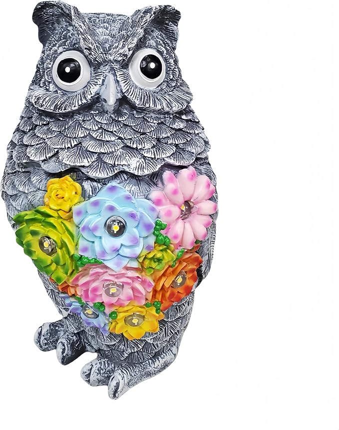 Garden Solar Owl Statue with Glowing Succulent Decor Outdoor Figurine Light Resin Sculpture Decoration for Home Porch Patio Lawn Farm Yard Housewarming Ornament Gift-HomvellaHome