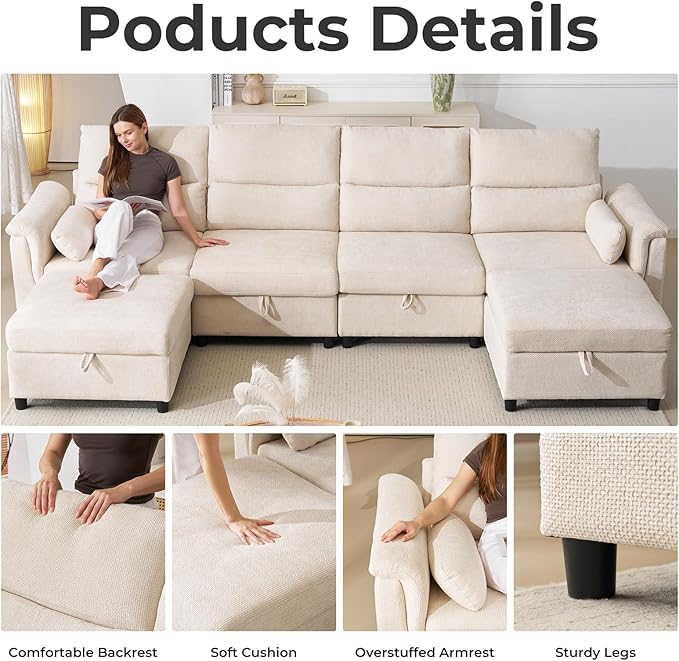 132'' Oversized Modular Sectional Sofa, U Shaped Comfy Sectional Couch with Large Storage, 6 Seat Chenille Deep Seat Cloud Sofa with 2 Throw Pillows for Living Room,Beige-HomvellaHome