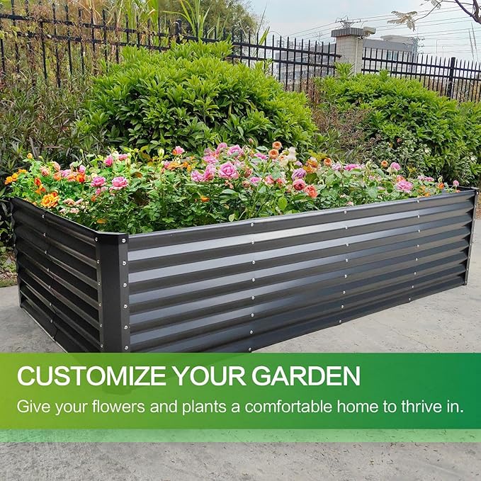 GARDMAX 8x4x2FT Galvanized Raised Garden Bed Kit, Metal Planter Boxes Outdoor with Easy Assembly, Large Garden Bed for Vegetables, Fruits, Flower, Herbs Rectangle Dark Gray-HomvellaHome