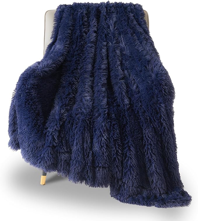 GONAAP Fuzzy Faux Fur Throw Blanket Twin Size Dark Navy Super Soft Cozy Plush Fuzzy Shaggy Blanket for Couch Sofa Bed (Dark Navy, Twin(60"x80"))-HomvellaHome