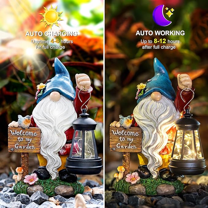 Garden Gnome Statues Figurine Lights - Solar Powered Lighting Outdoor Decorations with Lantern & Welcome Sign, Yard Art Lawn Ornaments for Porch Patio Balcony - Gnome Gifts for Women Mom-HomvellaHome