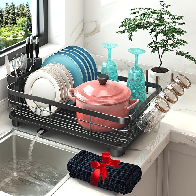 Godboat Dish Drying Rack, Dish Rack with Auto-Drain & Mat, Dish Drainers for Kitchen Counter, Glass Organizer for 4 Cups, 3 Slots Utensil Holder, Gifts for Women Mothers Day, Kitchen Gadgets & Decor-HomvellaHome