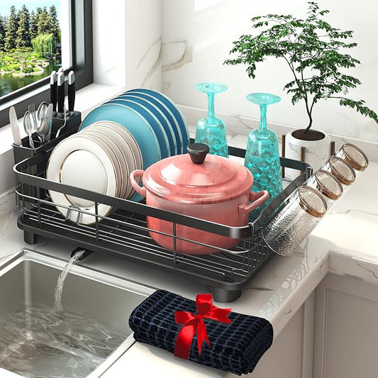 Godboat Dish Drying Rack, Dish Rack with Auto-Drain & Mat, Dish Drainers for Kitchen Counter, Glass Organizer for 4 Cups, 3 Slots Utensil Holder, Gifts for Women Mothers Day, Kitchen Gadgets & Decor-HomvellaHome