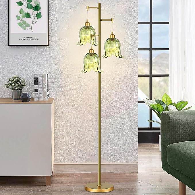 Gold Floor Lamp for Living Room,Bedroom,Tree 3 Light Standing Lamp Mid Century Modern Brass Tall Floor Lamps Vintage Retro Floor Lights Green Glass Flower Lamp Shade Farmhouse Boho Bohemian-HomvellaHome