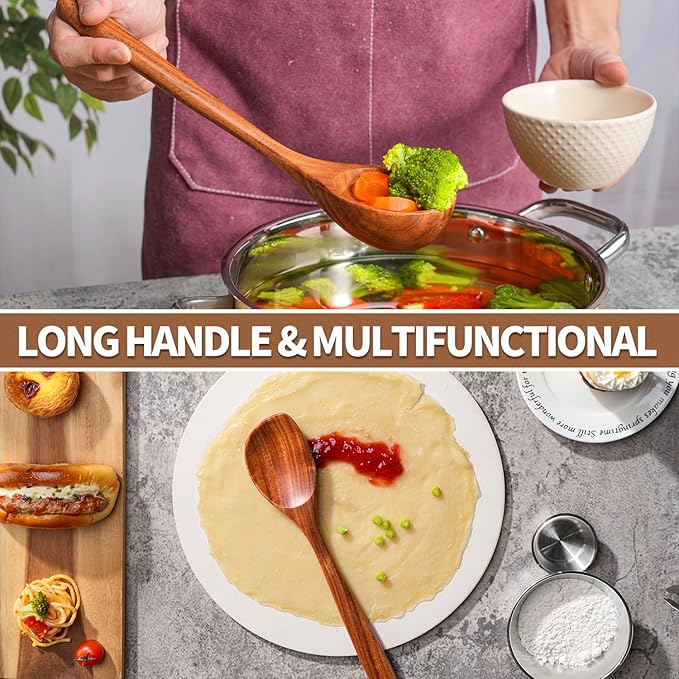 Gudamaye 13 inch Long Wooden Spoons for Cooking, 9 PCS Natural Teak Wooden Kitchen Utensil Set with Utensils Holder Made of Australia Camphor Laurel Wood，Wooden Utensils for Cooking-HomvellaHome