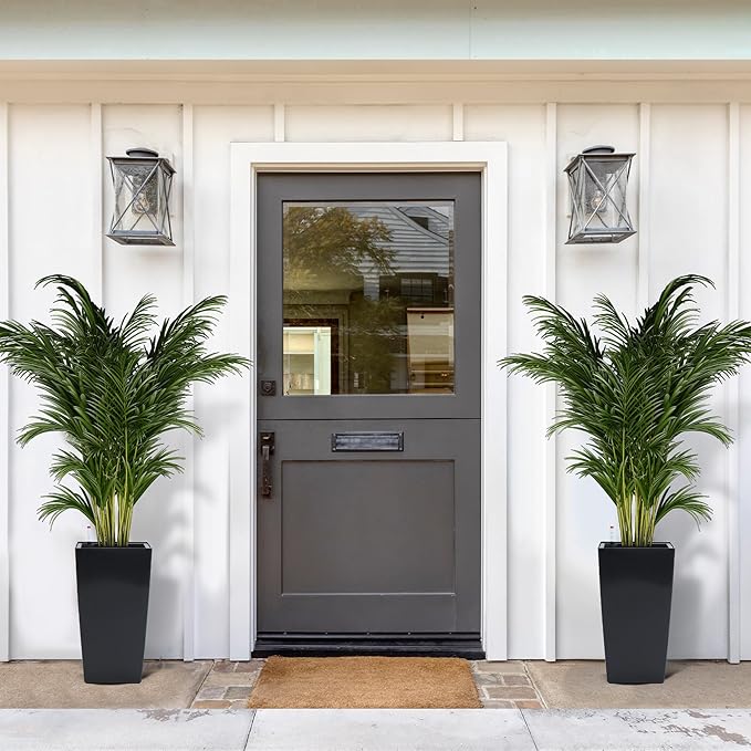 16" Tall Planters Set of 2, Outdoor＆Indoor Black Planter Pots, High Front Porch Planter Pots with Drainage Holes＆Water Level Monitor＆Inner Bucket, Automatic Watering,Black-HomvellaHome