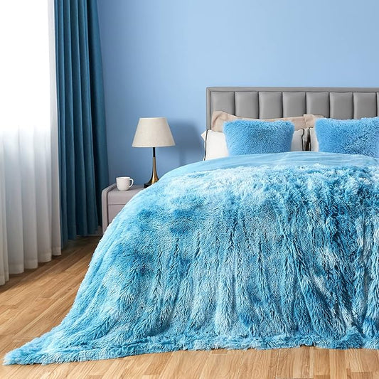 GONAAP Fuzzy Faux Fur Throw Blanket Queen Size Tie-dye Ocean Blue Super Soft Cozy Plush Fuzzy Shaggy Blanket for Couch Sofa Bed (Tie-dye Ocean Blue, Queen(90"x90"))-HomvellaHome