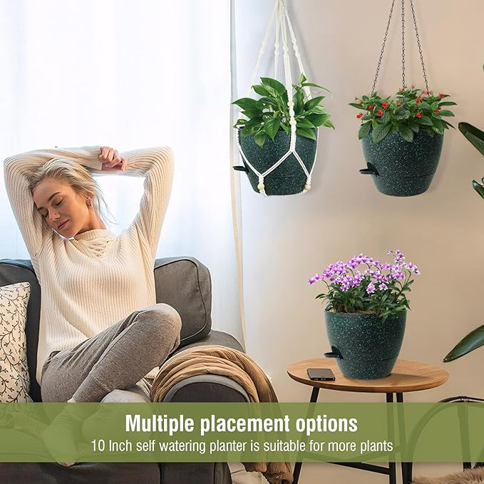 10 inch Self Watering Hanging Planters, 2 Pack Hanging Flower Pots for Indoor Outdoor Plants, Hanging Baskets with Drainage Holes & 2 Kinds of Plant Hangers for Home Decor, Speckled Black-HomvellaHome