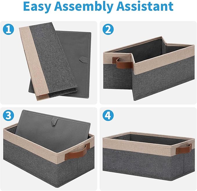 GhvyenntteS Small Fabric Storage Bins 6 Pack, 11.8" x 7.87" x 5.11" Storage Basket with Leather Handles, Closet Storage Bins for Shelves, Storage Baskets for Shelves, DVD Storage (Grey/Beige Yellow)-HomvellaHome