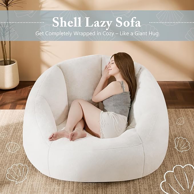 Giant Bean Bag Chaise Lounge Indoor Chair for Adults - Comfy Plush Round Shell Soft Accent Chair, Oversized Cozy Floor Sofa for Living Room, Bedroom & Game Rooms, Beige-HomvellaHome