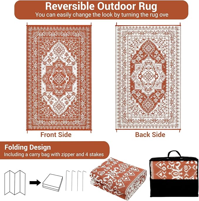GAOMON Outdoor Plastic Straw Rug 9x12 Waterproof Reversible Patio Rug, Large UV-Resistant Portable RV Camping Mats, Indoor Outdoor Rugs for Outside Deck Front Porch Garden RV, Red & White-HomvellaHome