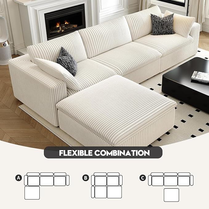 118" Cloud Couch Modular Sectional Sofa for Living Room,Modern Sofa with Deep Seat，L-Shape Boneless Couch with Ottoman,Comfy Upholstered Corduroy Couches for Apartment, Studio, Office,Bedroom，White-HomvellaHome