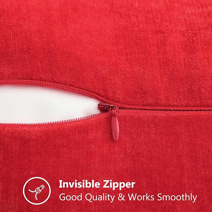 decorUhome Chenille Soft Throw Pillow Covers 18x18 Set of 2, Farmhouse Velvet Neutral Decorative Euro Pillow Covers with Stitched Edge for Couch Sofa Bed Home Decor, Red-HomvellaHome