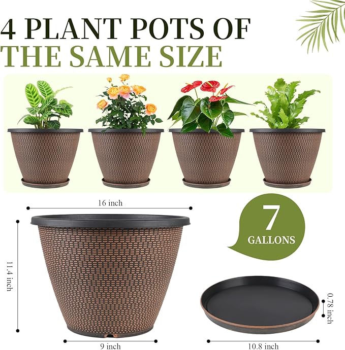 16 inch Plant Pots, Large Planters for Outdoor Plants Set of 4, Round Plastic Flower Pots with Drainage Holes & Trays, Modern Decorative Indoor Garden Pot, Plant Container for House (Black Copper)-HomvellaHome