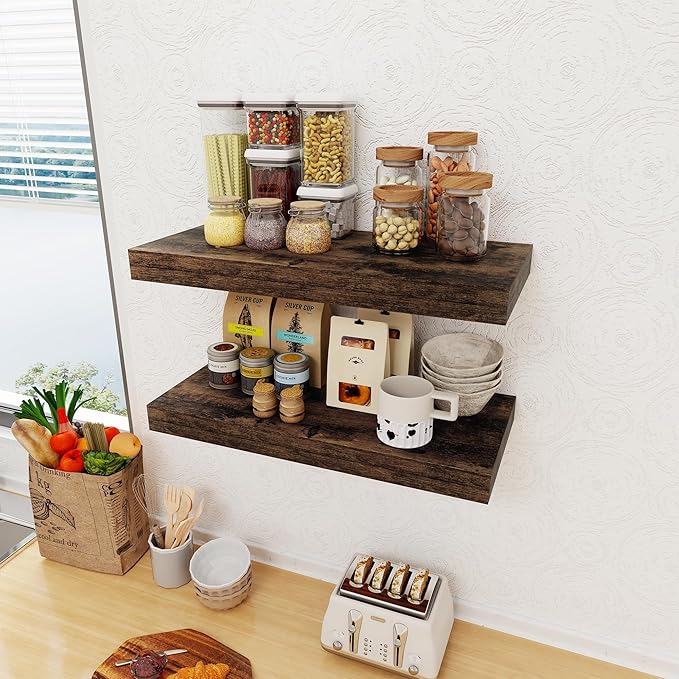 12 Inch Deep Floating Shelves, 24 x 12 Floating Shelf for Books, Rustic Wood Deep Wall Shelves for Home Storage & Display, 2" Thicked Shelves for Kitchen, Living Room, Bedroom, Rustic Brown, 2 Pack-HomvellaHome