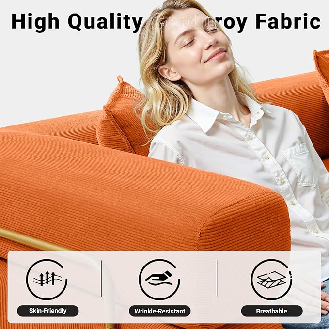 108" Oversized Convertible Sleeper Sofa Bed, Corduroy L Shape Sectional Couch, Folding Sofa Bed with Side Pocket, Modern Cloud Floor Mattress Couch, Modular Sofa for Living Room, Orange-HomvellaHome