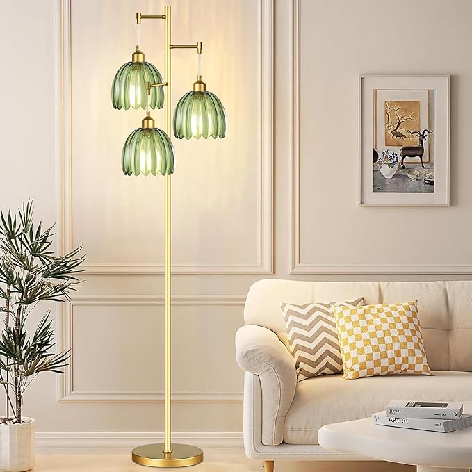Gold Floor Lamp for Living Room,Bedroom,Mid Century Modern Standing Lamp Brass Tree 3 Light Tall Floor Lamps Vintage Retro Floor Lights Glass Green Flower Lamp Shade Farmhouse Boho Bohemian-HomvellaHome