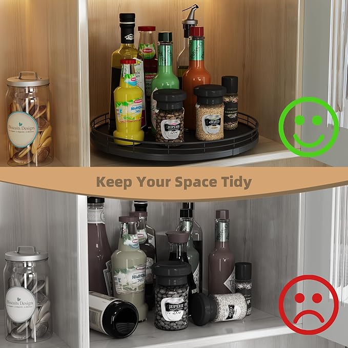 13" Lazy Susan Turntable Organizer for Table Top, Round Wooden Lazy Susan for Cabinet Kitchen Decor Centerpieces Coffee Table, Storage Condiments Spices, Bathroom Vanity Tray for Soap, Black-HomvellaHome