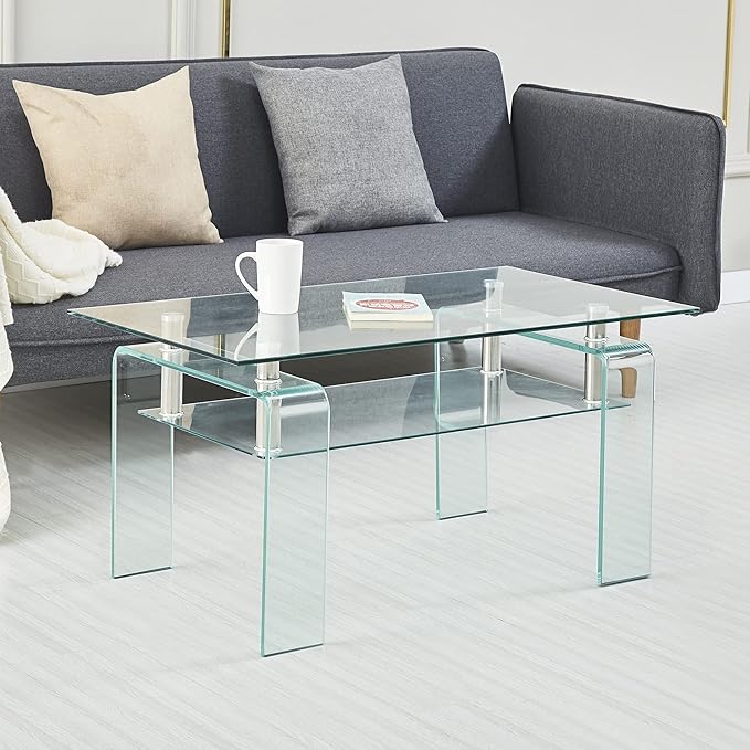 Glass Coffee Table for Living Room, Modern Rectangle All Tempered Glass Table 8mm Clear Transparent Top Home Furniture for Small Space Bearing 220LB-HomvellaHome