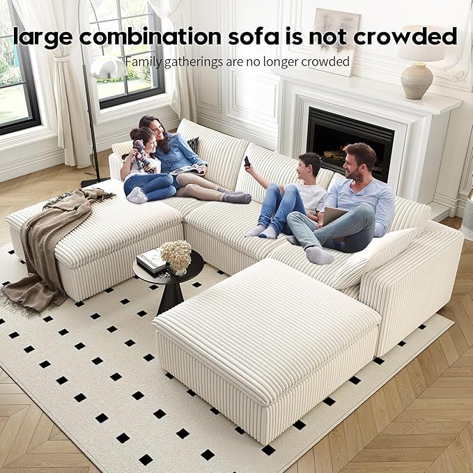 118" Cloud Couch Modular Sectional Sofa for Living Room,Modern Sofa with Deep Seat，U-Shape Boneless Couch with 2 Ottoman,Comfy Upholstered Corduroy Couches for Apartment, Studio, Office,Bedroom，White-HomvellaHome