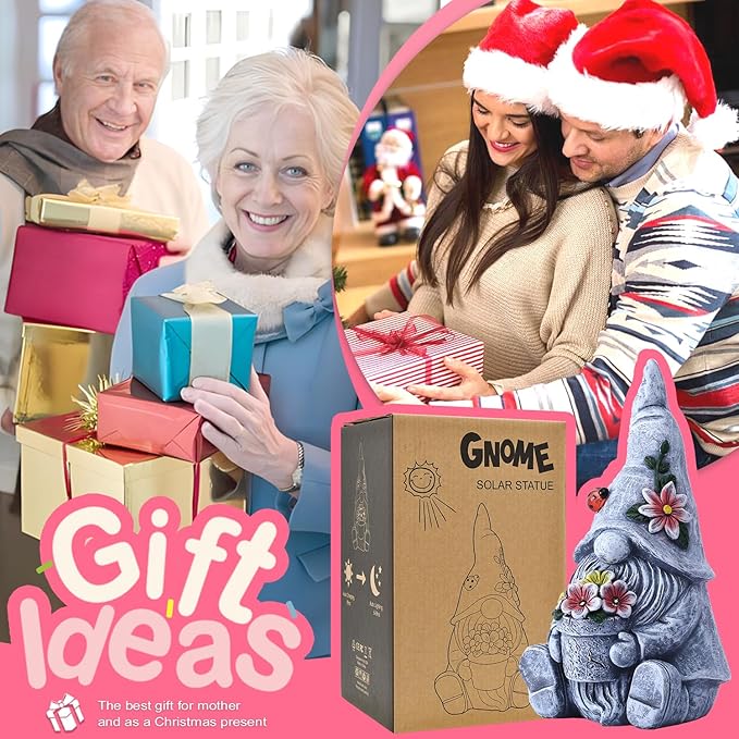 Goodeco Sitting Gnome Holding Flower Statue - Solar Garden Gnomes Decor for Outside with LED Lights, for Women or Moms, Housewarming Gnome Decorations-HomvellaHome