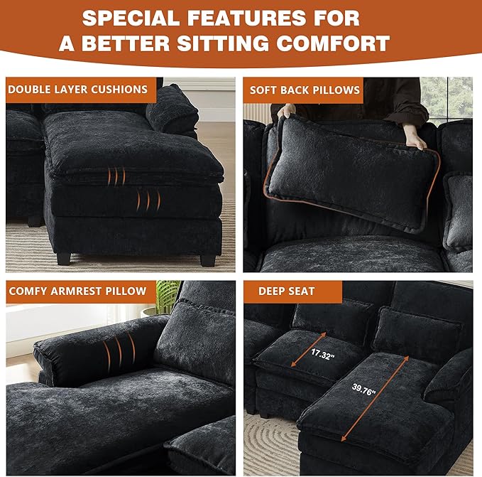 113" Oversized Cloud Couch, U Shape Sectional 4 Seat Sofa with Double Chaises, 2 Layer Cusions, Deep Seat Comfy Sofa, Upholstery Chenille Fabric for Living Room, Black-HomvellaHome
