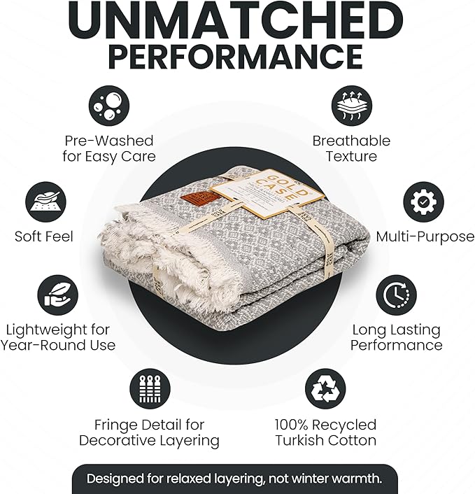 Gold Case Throw Blanket for Couch – 100% Recycled Turkish Cotton Blankets & Throws – Elegant Decorative Throw Blankets for Living Room Sofa – Woven Throws for Couch – Retro Grey – 50x60-HomvellaHome