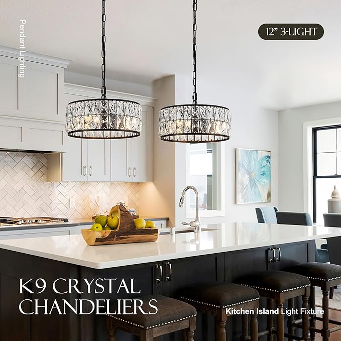 12” 3-Light Modern Crystal Chandeliers Black Dinning Room Light Fixture, Round Pendant Light Kitchen Island Chandelier, Flush Mount Ceiling Light for Living Room Entryway Bedroom Foyer-HomvellaHome