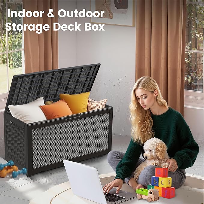 100 Gallon Storage Box, Waterproof Resin Deck Box with Hydraulic Piston Design, Lockable Storage Bench for Package Delivery, Storage Bin for Patio Cushions, Garden Tools, Black-HomvellaHome