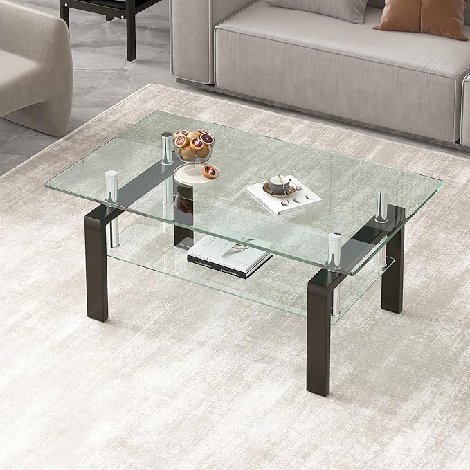 Glass Coffee Table Rectangle Living Room Center Table, with Tempered Glass Tabletop Black Metal Leg,for Living Room and Office (Dou-Clear Glass)-HomvellaHome