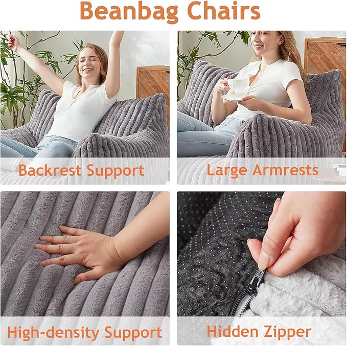 Giant Bean Bag Chairs for Adults with Filling Plush Fluffy Bean Bag Chairs for Teens with Armrests Comfy BeanBag Lazy Couch Sofa Chair for Bedroom Living Room Reading-HomvellaHome