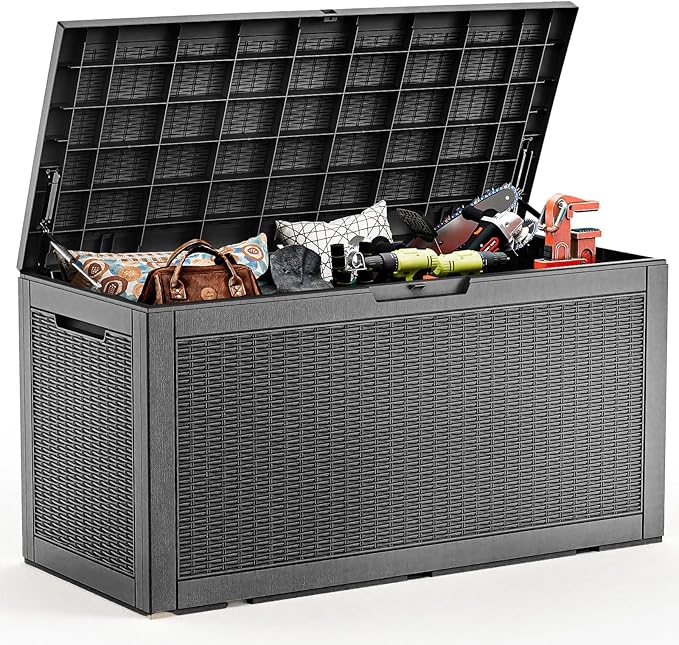 102 Gallon Outdoor Storage Box Waterproof, UV Resistant Resin Deck Box with Hydraulic Rod, Lockable Design and Enhanced Durability for Patio, Garden, and Poolside Use-HomvellaHome