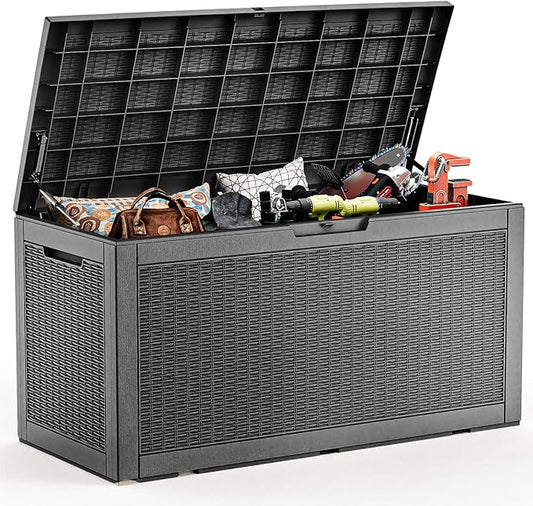 102 Gallon Outdoor Storage Box Waterproof, UV Resistant Resin Deck Box with Hydraulic Rod, Lockable Design and Enhanced Durability for Patio, Garden, and Poolside Use-HomvellaHome