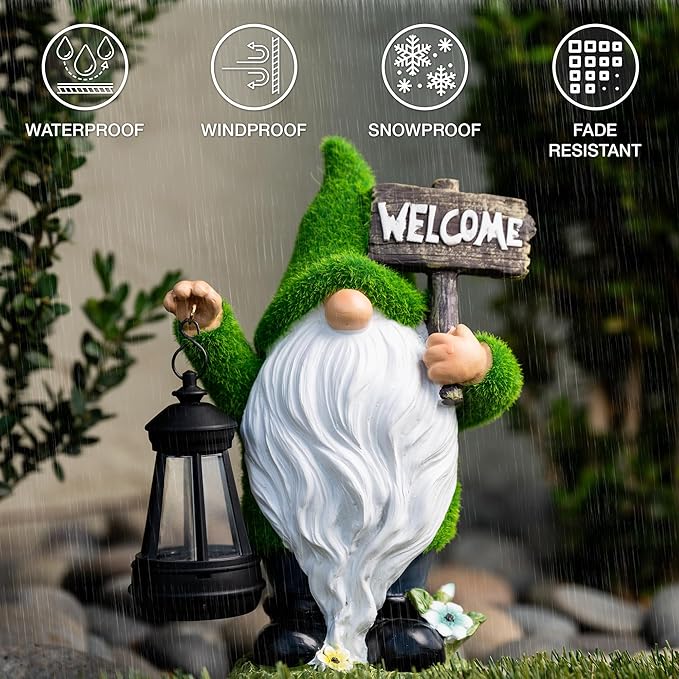 Garden Gnomes Outdoor with LED Solar Light - 11’’ Funny Gnome Decorations/ ornaments for Home/Yard/Patio Solar Lantern Garden Statues - Decor -Deals/clearance - Housewarming/Birthday Gifts-HomvellaHome