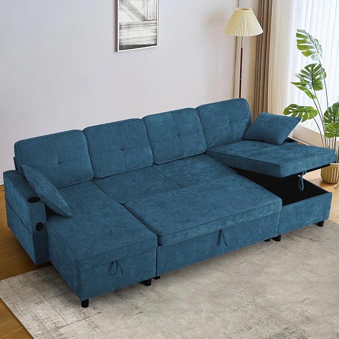 110 Inches Chenille Sectional Sofa w/Pull Out Sofa Bed & Adjustable Back, Tufted U Shaped Couch w/Two Storage Chaises, Sleeper Sectional Sofa w/USB Port & Cup Holders for Living Room, Blue-HomvellaHome
