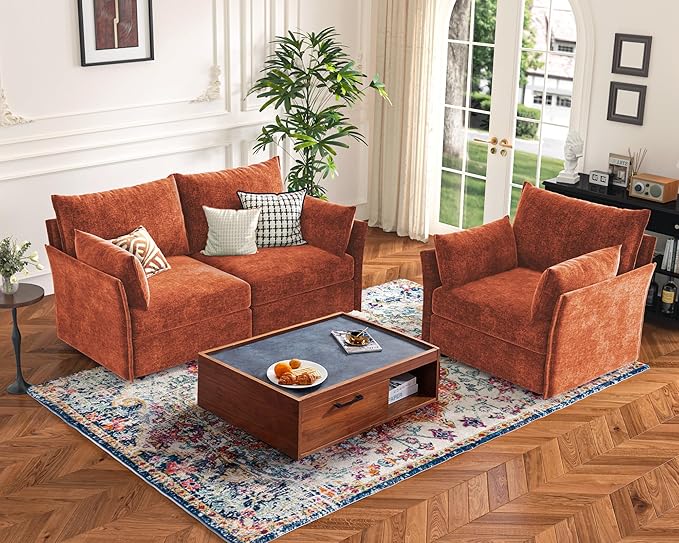 136.4" Oversized Modular Sectional Sofa, U Shaped Convertible Couch with Movable Ottoman, Large 7 Seat Corner Couches for Living Room Deep Seat Terracotta Orange Chenille-HomvellaHome